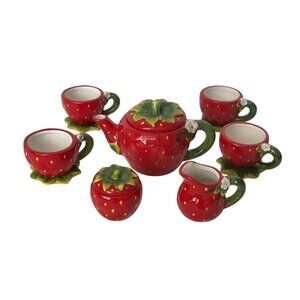 Strawberry Tea Set Ceramic Hand Painted Pot Cups Saucers Kitsch Cottagecore